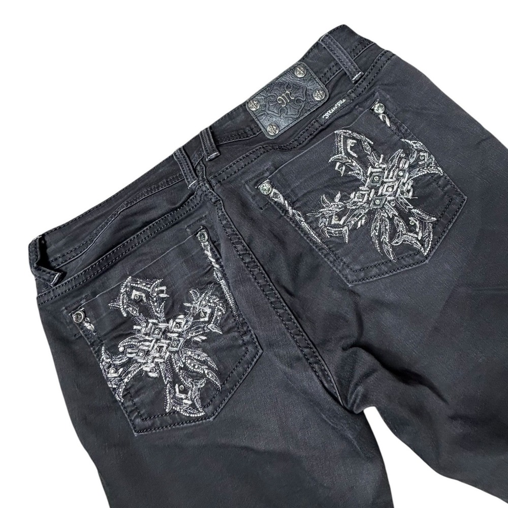 Miss Me Black Skinny Jeans Embroidered Cross Rhinestone Stretch Womens 32 - Picture 4 of 10